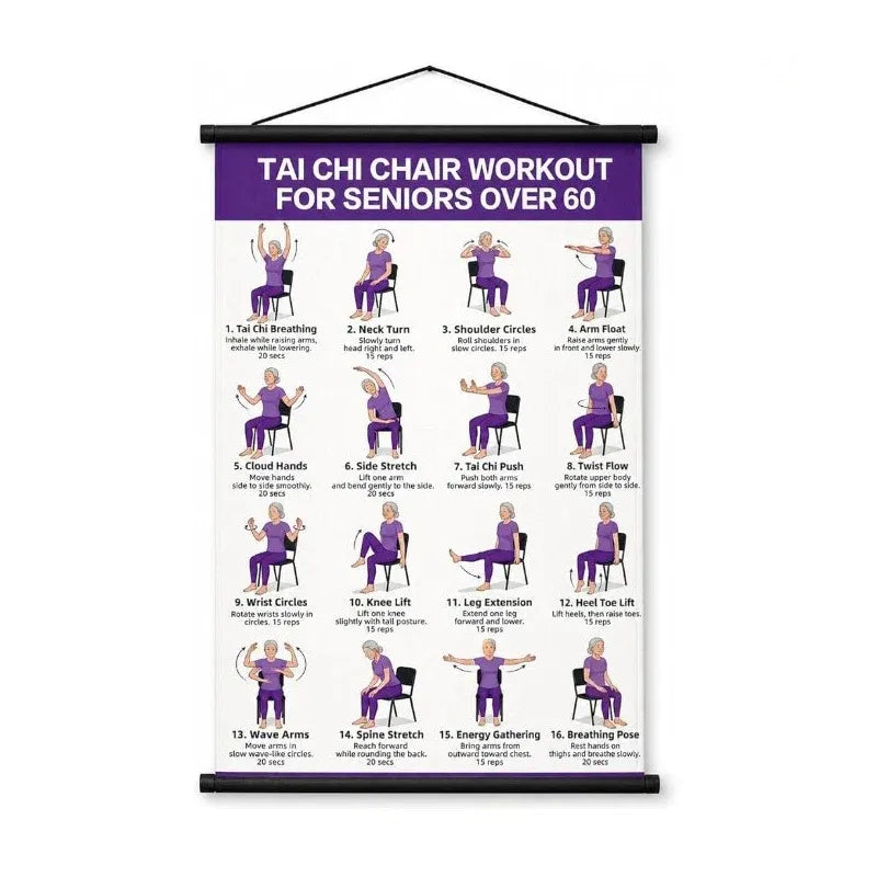 🧓📋 Tai Chi Workout Poster for Seniors – 16 illustrated exercises, standing or seated, large text – easy to follow. 💪