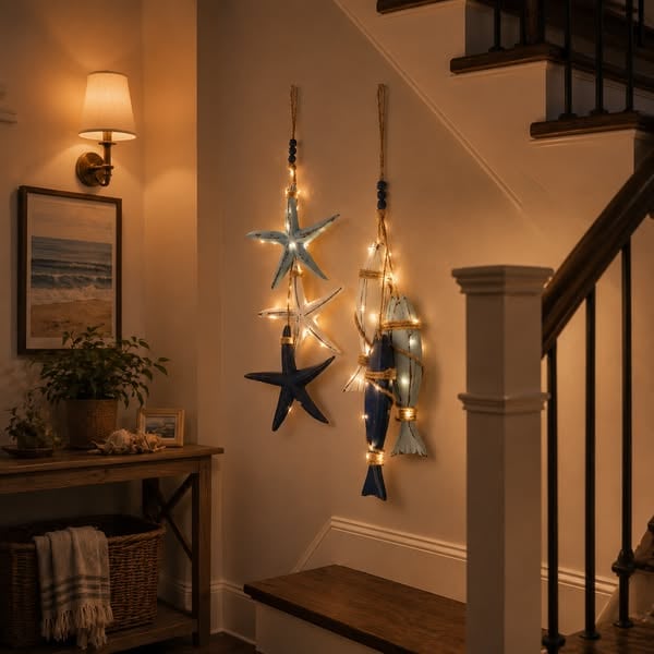 ๐๐ Lighted Coastal Wooden Hanging Decor โ Starfish & Fish Design