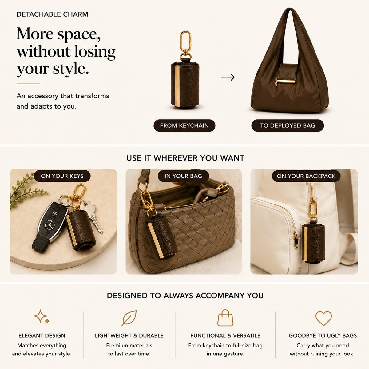 ToworkactTM Varelli Charm Transformable Bag – Stylish Vegan Leather Tote & Keychain Charm