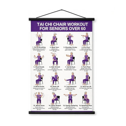 🧓📋 Tai Chi Workout Poster for Seniors – 16 illustrated exercises, standing or seated, large text – easy to follow. 💪