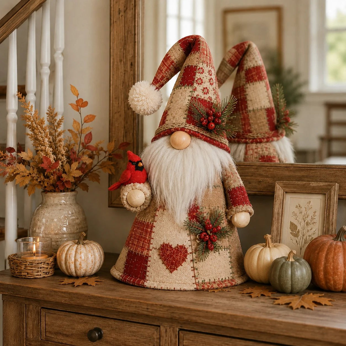 🔥🐦 Patchwork Bird Gnome Light Collection | Warm Glowing Tabletop Decor with Farmhouse Patchwork Details for Mantels, Shelves & Holiday Gifts ✨