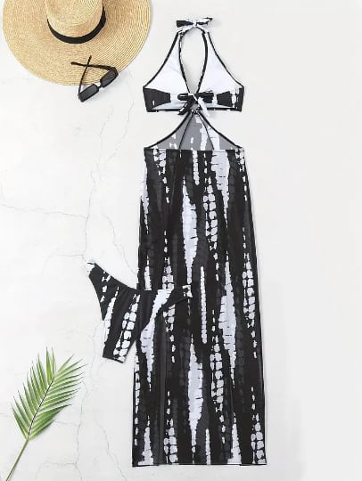 👙 LIMITED TIME ! ✨ Striped Two-Piece Swimsuit – Halter Neck Tie, Ring Detail, High Stretch 🌊