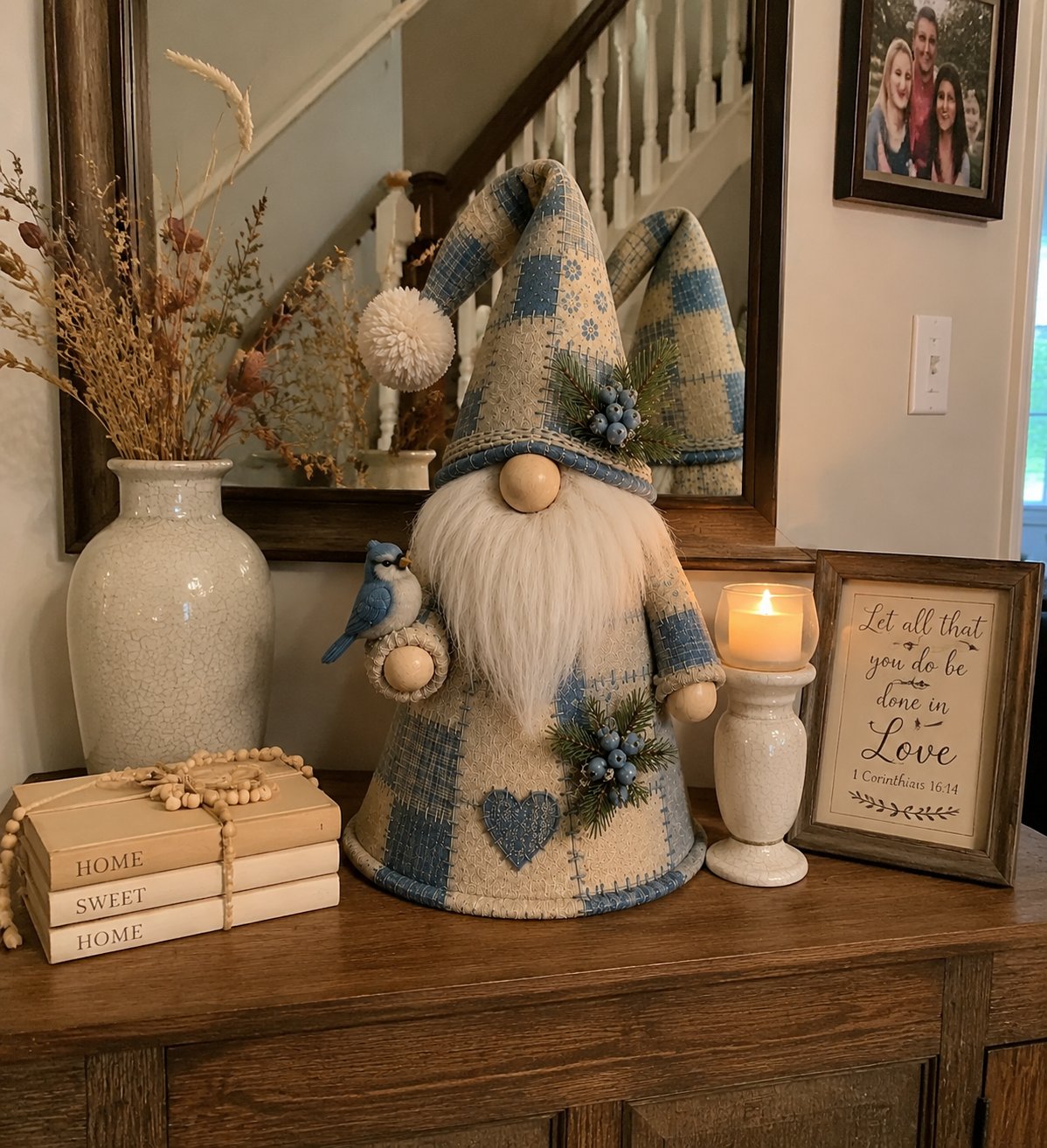 🔥🐦 Patchwork Bird Gnome Light Collection | Warm Glowing Tabletop Decor with Farmhouse Patchwork Details for Mantels, Shelves & Holiday Gifts ✨