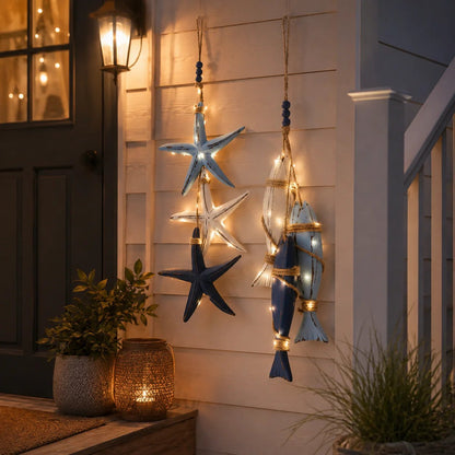 🐟🌊 Lighted Coastal Wooden Hanging Decor – Starfish & Fish Design