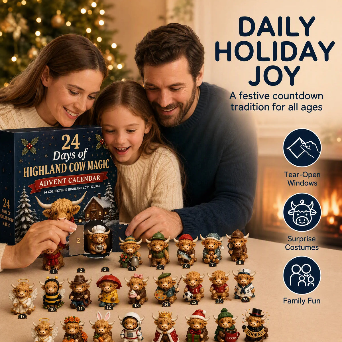 24-Day Highland Cow Christmas Advent Calendar – Festive Countdown Decor & Toy Set