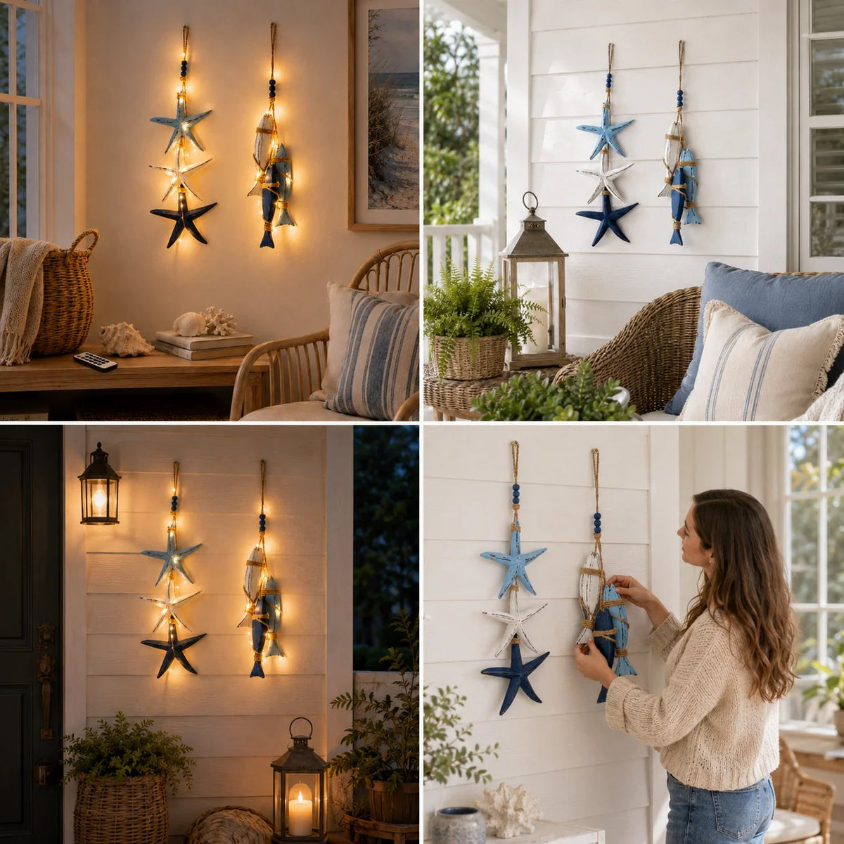 🐟🌊 Lighted Coastal Wooden Hanging Decor – Starfish & Fish Design