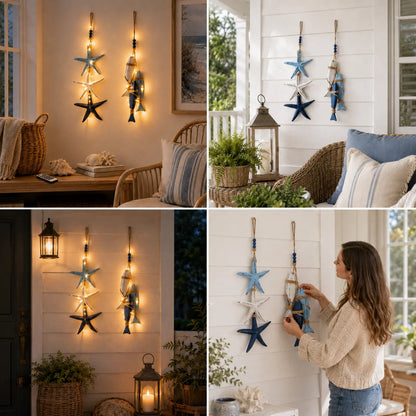 🐟🌊 Lighted Coastal Wooden Hanging Decor – Starfish & Fish Design