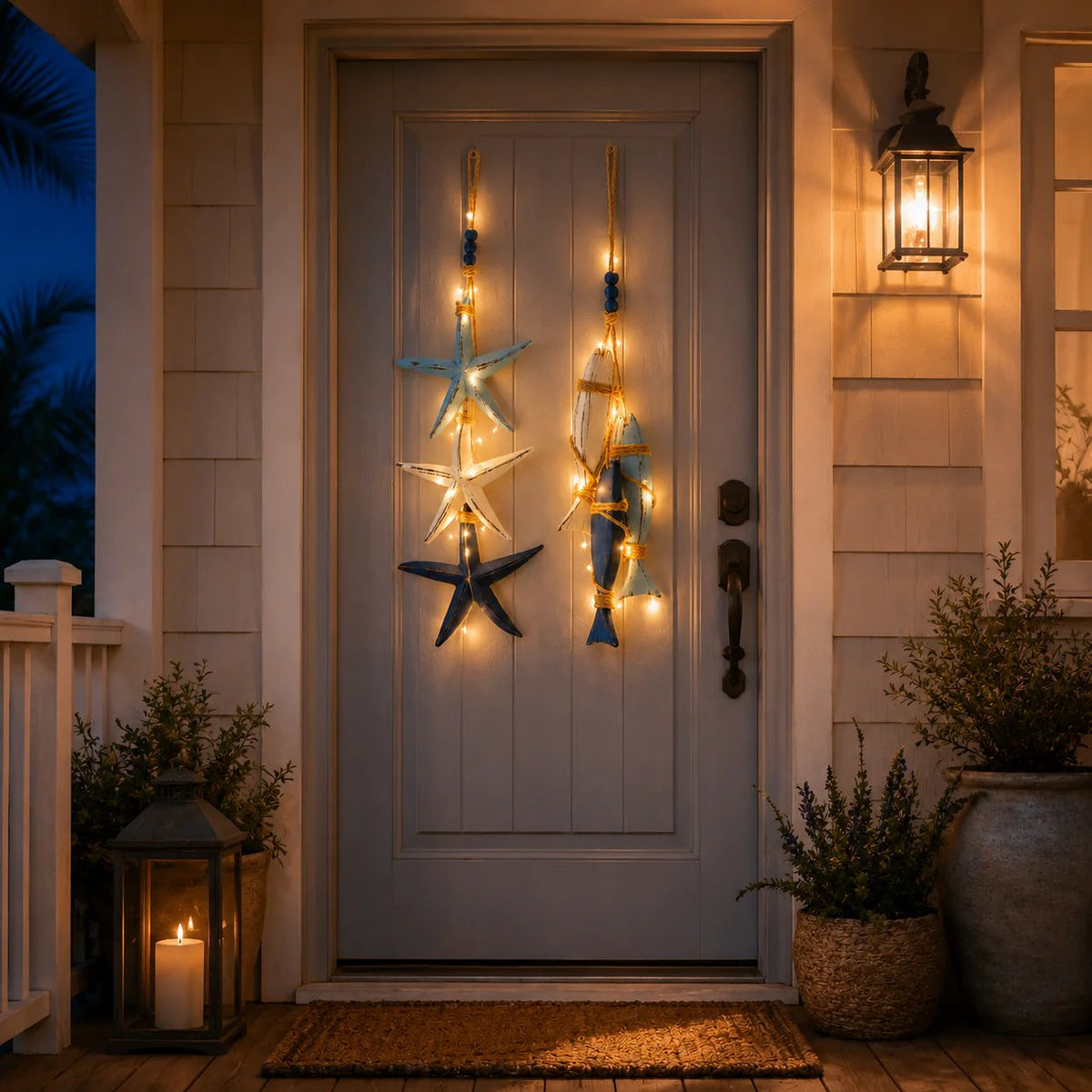 🐟🌊 Lighted Coastal Wooden Hanging Decor – Starfish & Fish Design