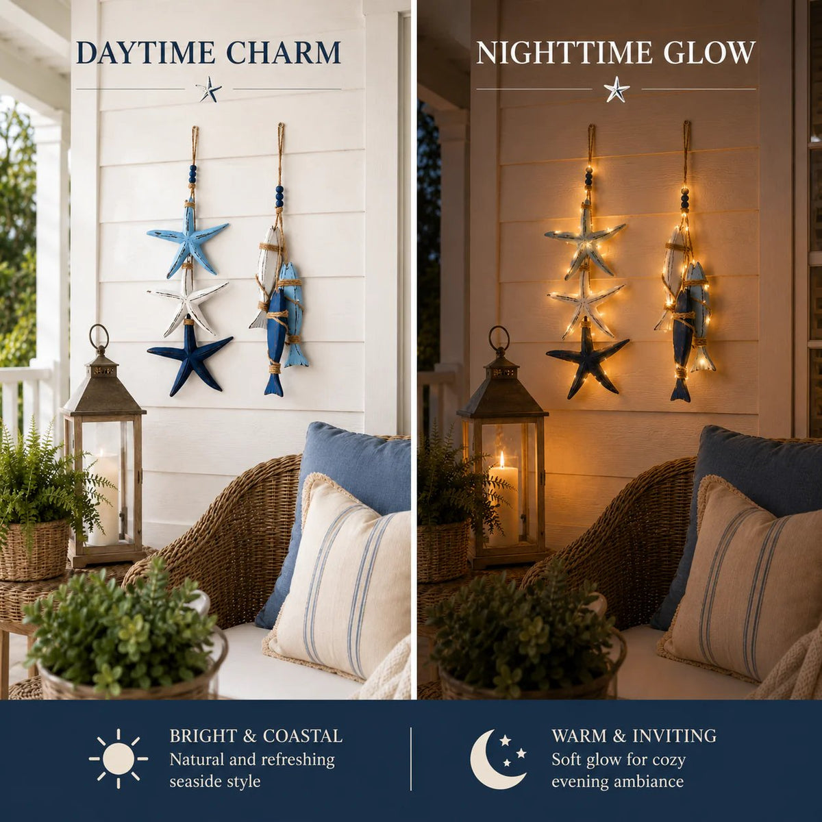 🐟🌊 Lighted Coastal Wooden Hanging Decor – Starfish & Fish Design