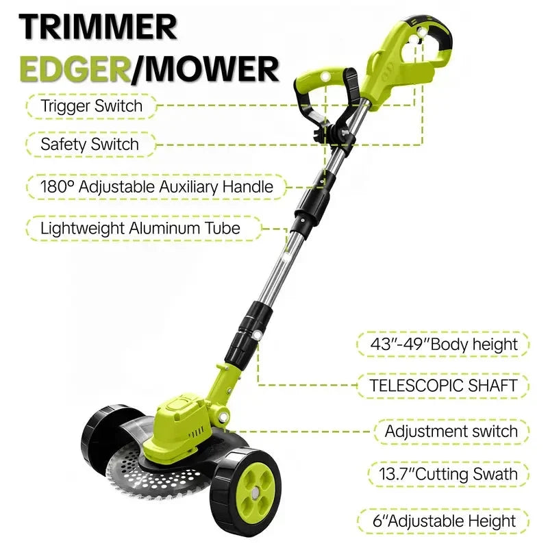 🌿⚡21V 3-in-1 Cordless String Trimmer, Edger & Mini Mower – 2 Batteries Included