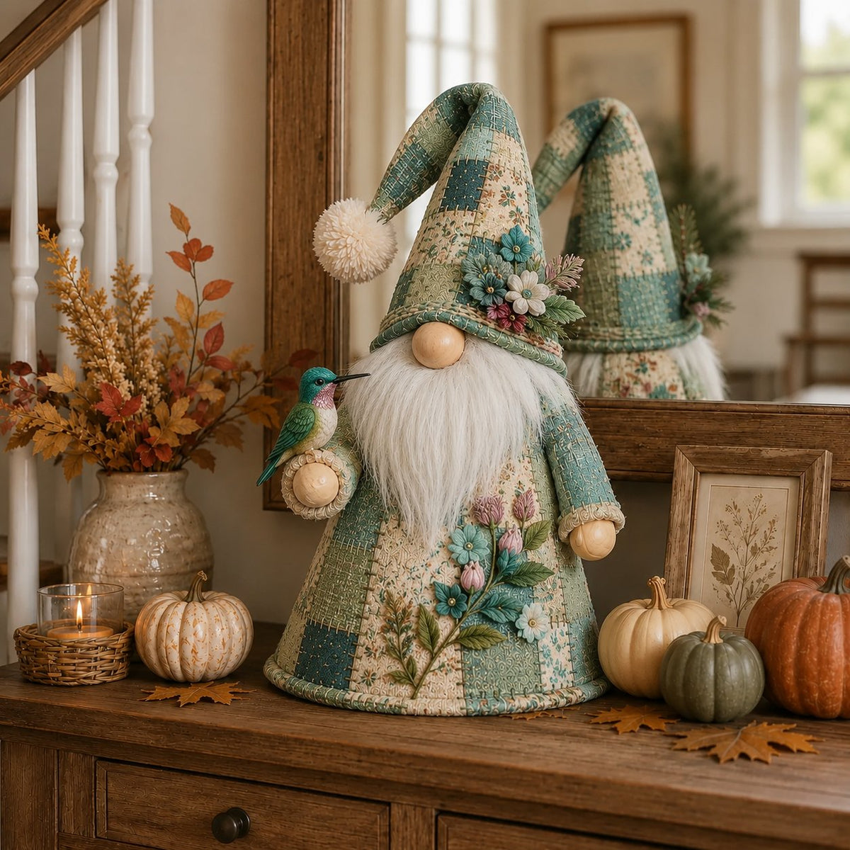 🔥🐦 Patchwork Bird Gnome Light Collection | Warm Glowing Tabletop Decor with Farmhouse Patchwork Details for Mantels, Shelves & Holiday Gifts ✨