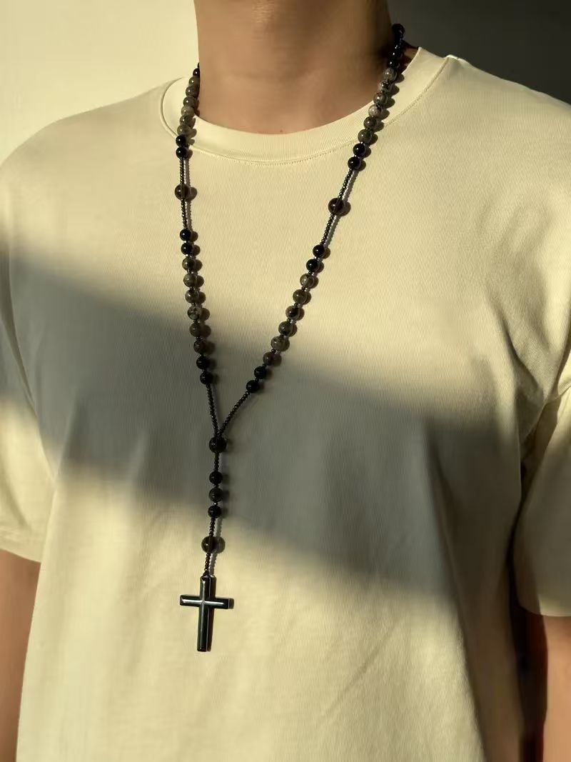 Natural Obsidian Yooperlite RosaryNecklace, UV Reactive EnergyProtection Healing Crystal