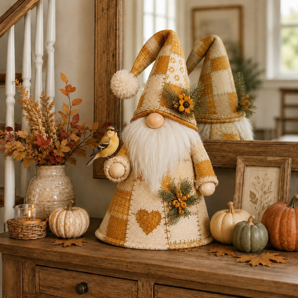 🔥🐦 Patchwork Bird Gnome Light Collection | Warm Glowing Tabletop Decor with Farmhouse Patchwork Details for Mantels, Shelves & Holiday Gifts ✨