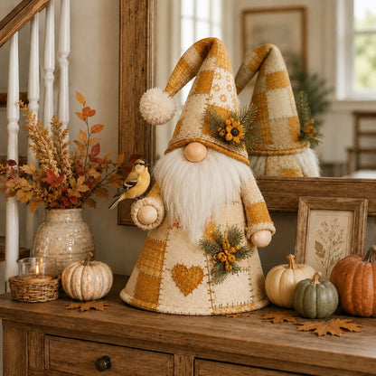 🔥🐦 Patchwork Bird Gnome Light Collection | Warm Glowing Tabletop Decor with Farmhouse Patchwork Details for Mantels, Shelves & Holiday Gifts ✨
