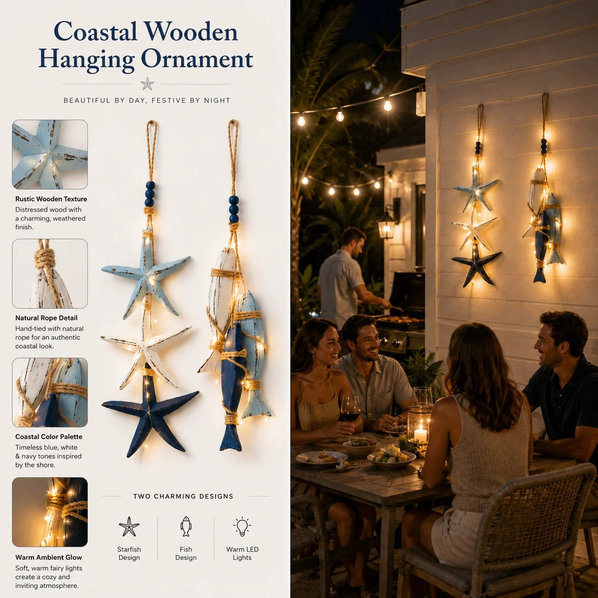 🐟🌊 Lighted Coastal Wooden Hanging Decor – Starfish & Fish Design