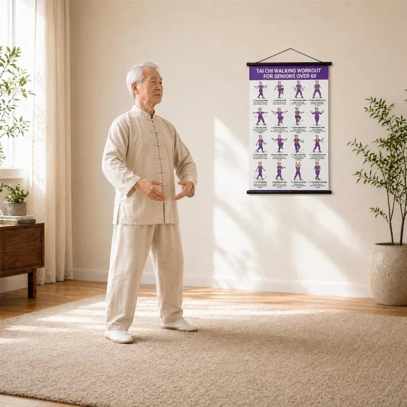 🧓📋 Tai Chi Workout Poster for Seniors – 16 illustrated exercises, standing or seated, large text – easy to follow. 💪