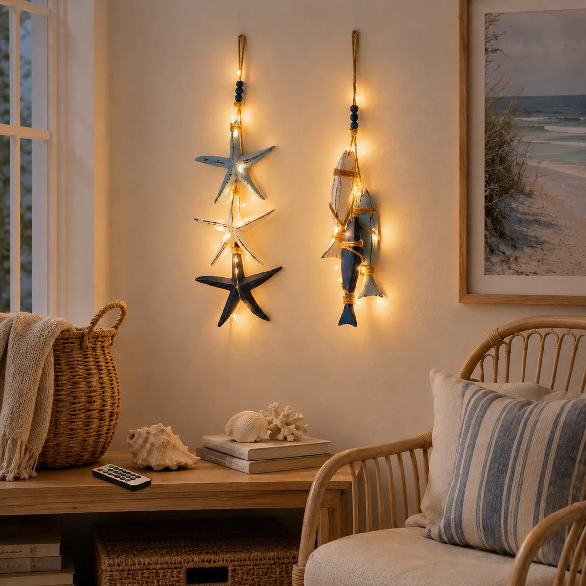 🐟🌊 Lighted Coastal Wooden Hanging Decor – Starfish & Fish Design