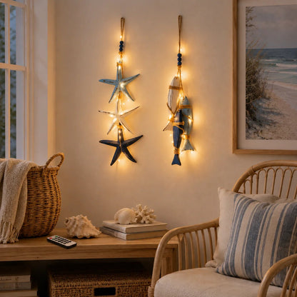 🐟🌊 Lighted Coastal Wooden Hanging Decor – Starfish & Fish Design