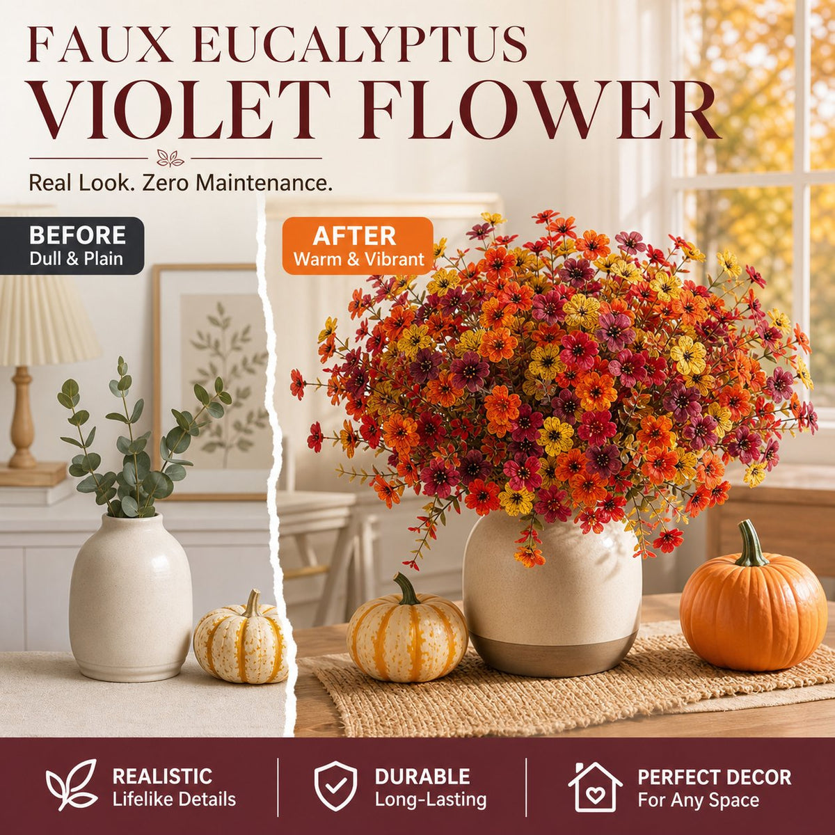 🍂🧡Artificial Autumn Violet Silk Flower Bouquet✨Weatherproof Faux Fall Floral Stems, Front Porch & Table Arrangement, Halloween Home Decor