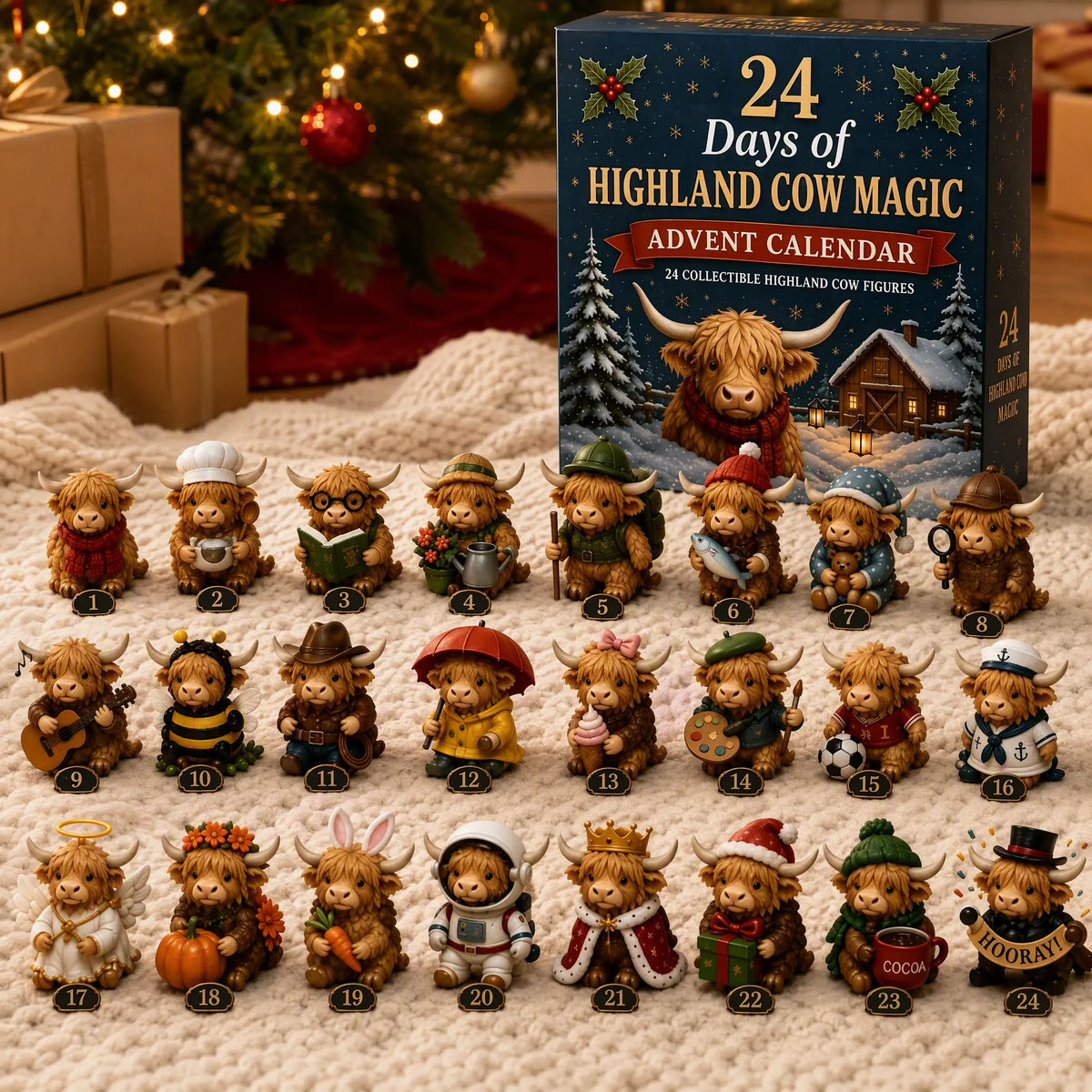 24-Day Highland Cow Christmas Advent Calendar – Festive Countdown Decor & Toy Set