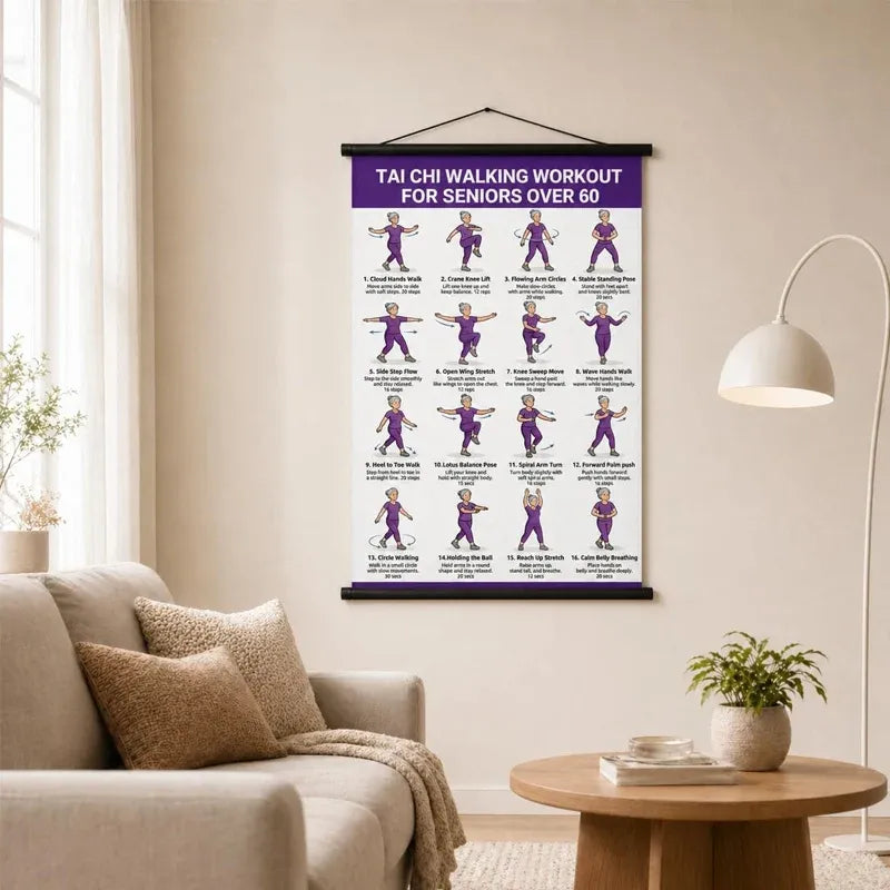 🧓📋 Tai Chi Workout Poster for Seniors – 16 illustrated exercises, standing or seated, large text – easy to follow. 💪