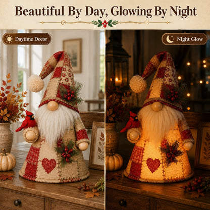 🔥🐦 Patchwork Bird Gnome Light Collection | Warm Glowing Tabletop Decor with Farmhouse Patchwork Details for Mantels, Shelves & Holiday Gifts ✨