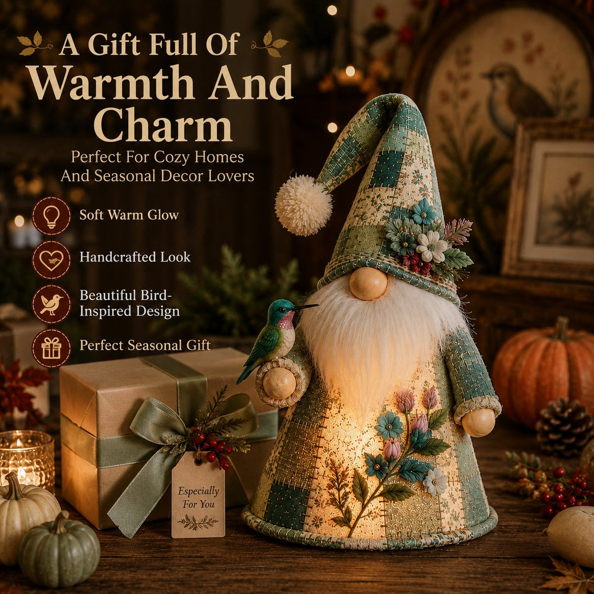 🔥🐦 Patchwork Bird Gnome Light Collection | Warm Glowing Tabletop Decor with Farmhouse Patchwork Details for Mantels, Shelves & Holiday Gifts ✨