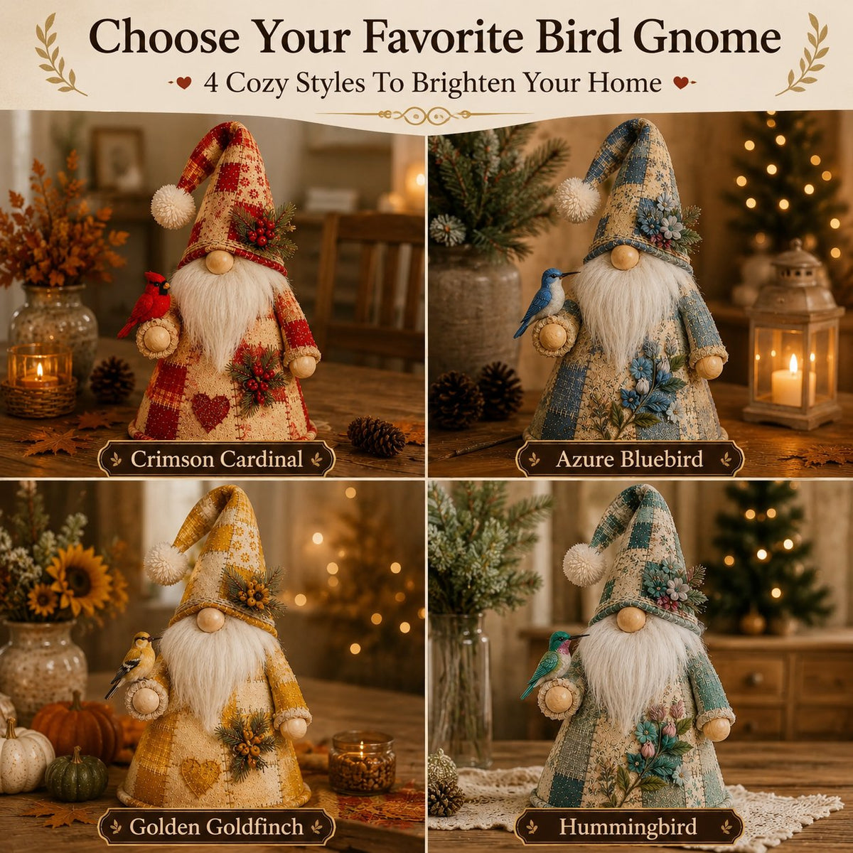 🔥🐦 Patchwork Bird Gnome Light Collection | Warm Glowing Tabletop Decor with Farmhouse Patchwork Details for Mantels, Shelves & Holiday Gifts ✨