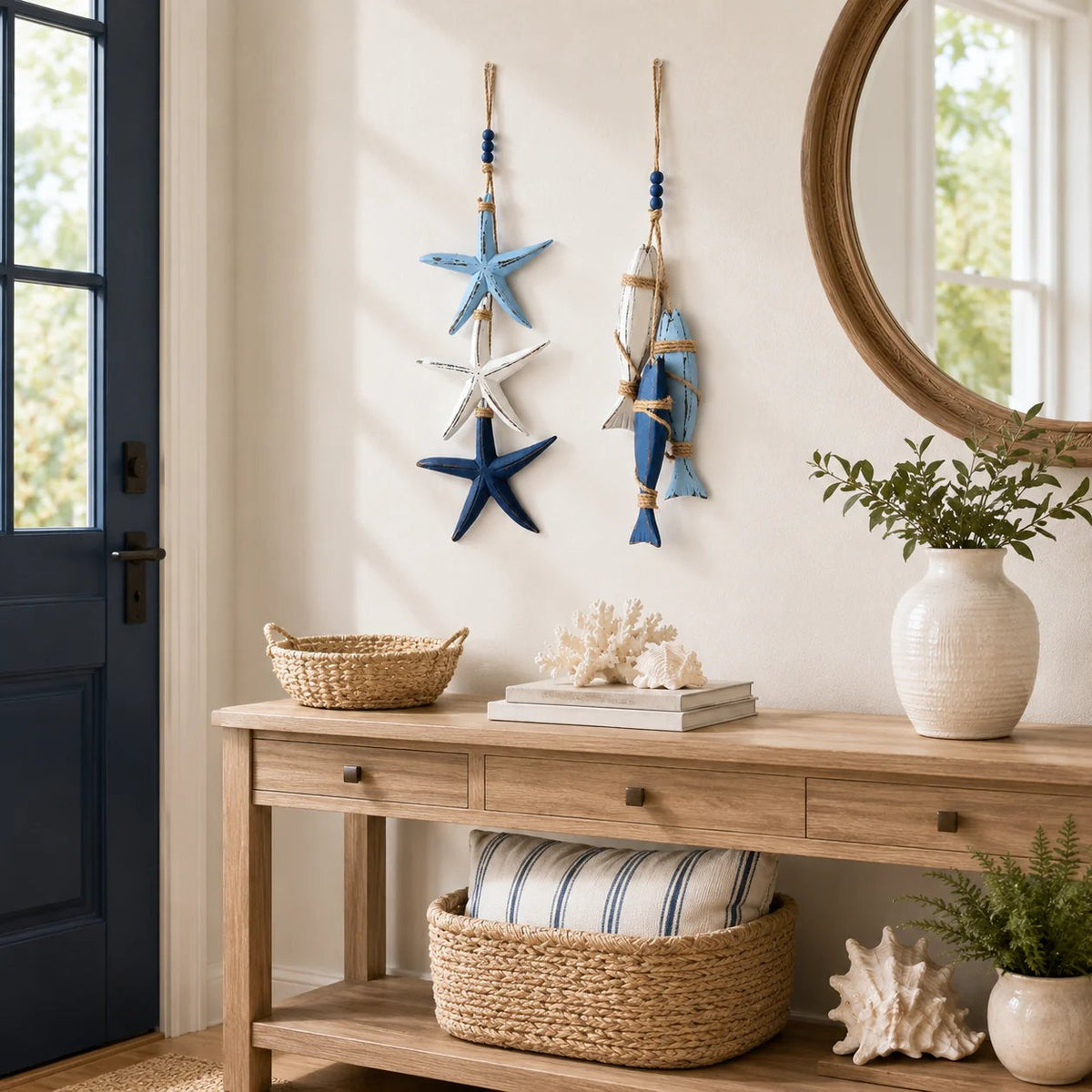 🐟🌊 Lighted Coastal Wooden Hanging Decor – Starfish & Fish Design