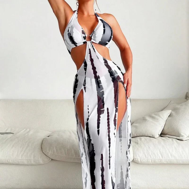 👙 LIMITED TIME ! ✨ Striped Two-Piece Swimsuit – Halter Neck Tie, Ring Detail, High Stretch 🌊