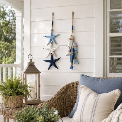 🐟🌊 Lighted Coastal Wooden Hanging Decor – Starfish & Fish Design