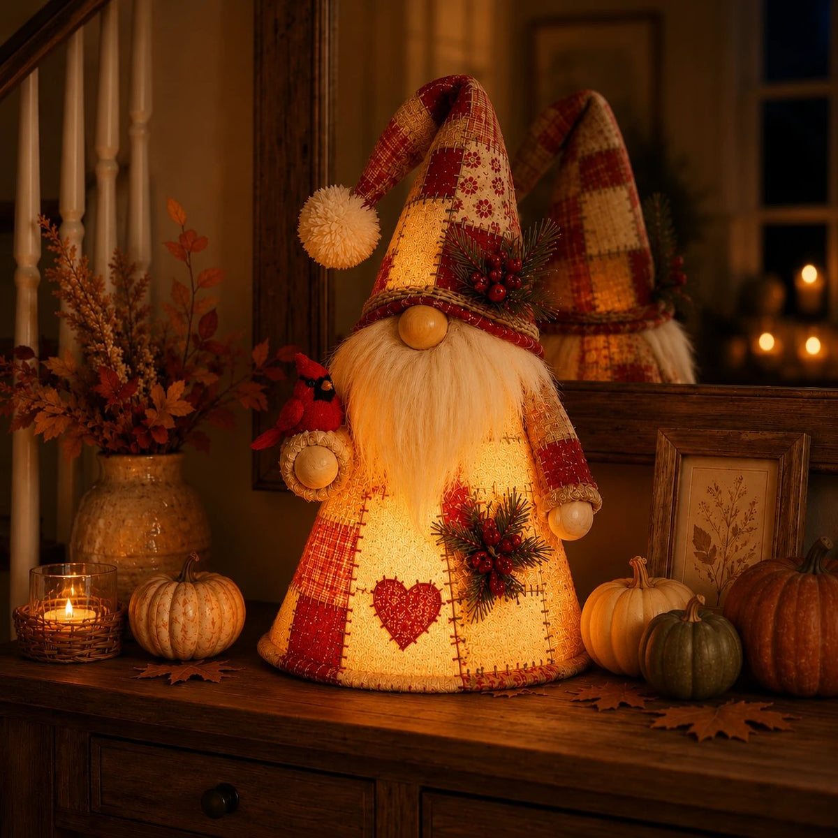 🔥🐦 Patchwork Bird Gnome Light Collection | Warm Glowing Tabletop Decor with Farmhouse Patchwork Details for Mantels, Shelves & Holiday Gifts ✨