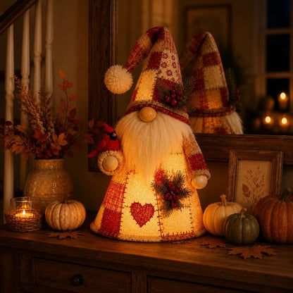 🔥🐦 Patchwork Bird Gnome Light Collection | Warm Glowing Tabletop Decor with Farmhouse Patchwork Details for Mantels, Shelves & Holiday Gifts ✨