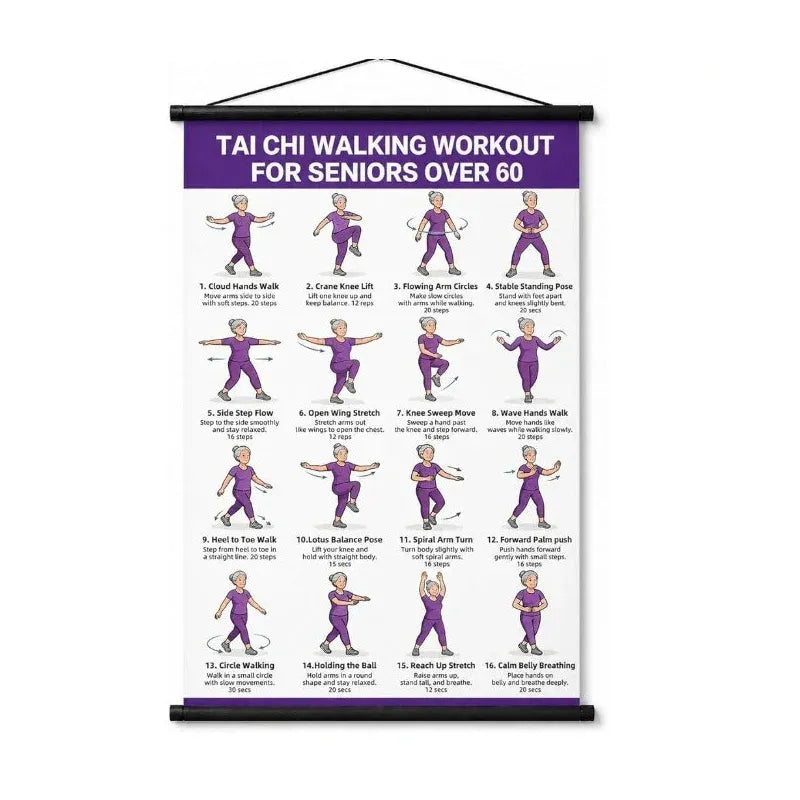 🧓📋 Tai Chi Workout Poster for Seniors – 16 illustrated exercises, standing or seated, large text – easy to follow. 💪