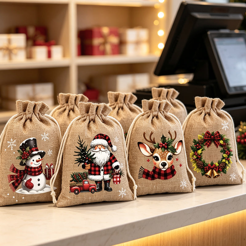 🎅🎄 Christmas Drawstring Gift Bags – Festive Santa & Reindeer Prints, Double Drawstring Closure & Durable Fabric